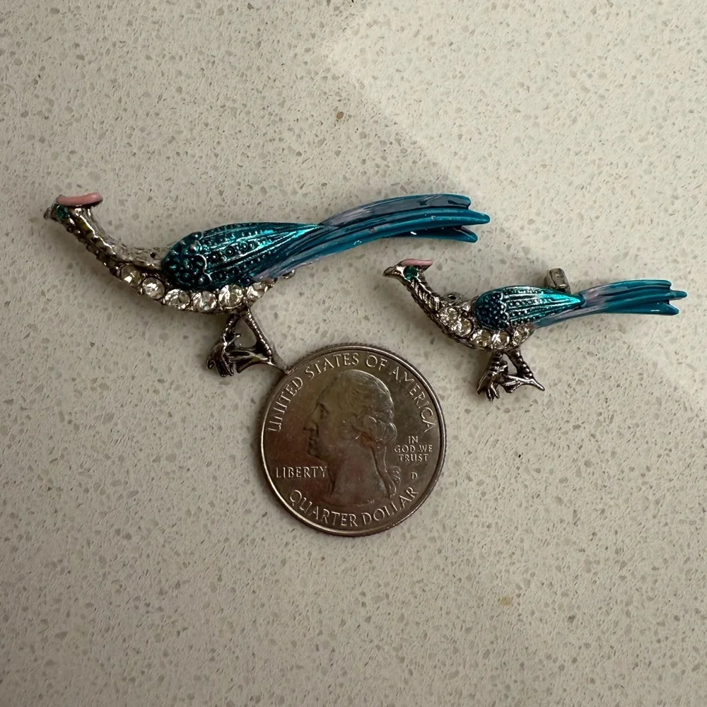 Vintage Pheasant Bird Brooches Pins Set of 2 Silver Tone Enamel Rhinestones